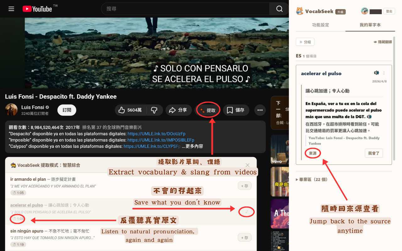 YouTube 影片提取生詞,點回影片聽原音