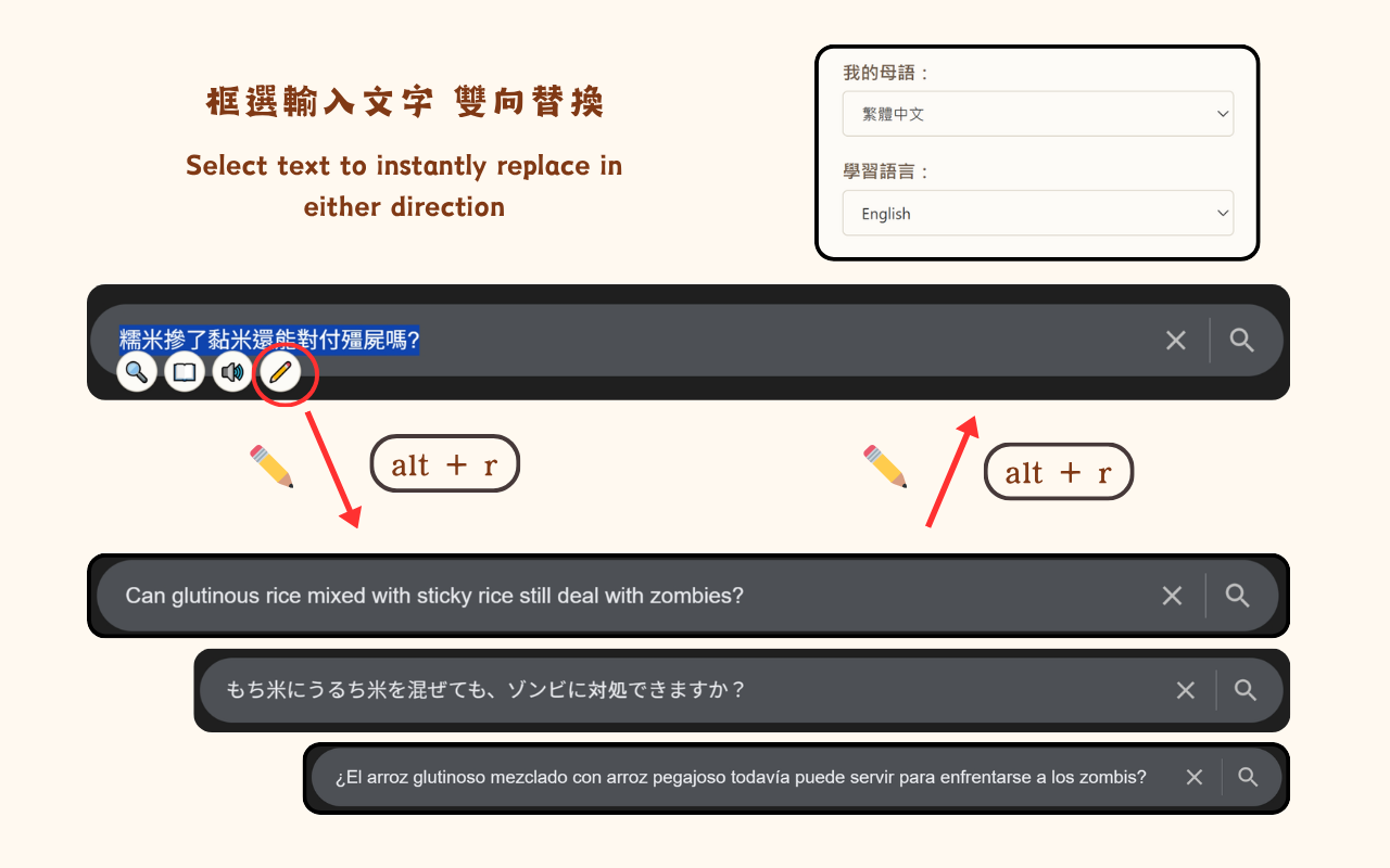 框選輸入文字雙向替換學習語言
